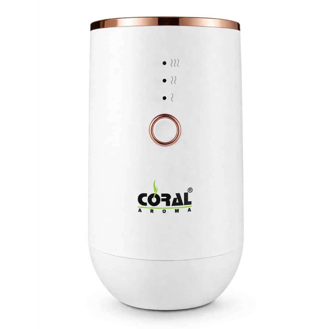 Coral Aroma Car Diffuser White – Smart Auto Sensor, Rechargeable, Adjustable Fragrance, LED Light, USB-C, Portable Air Freshener