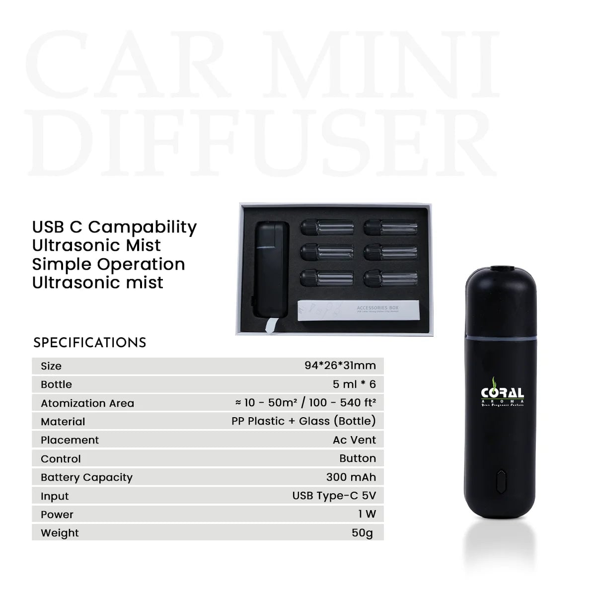 Mini Aroma Car Diffuser with 6 Scents - Black