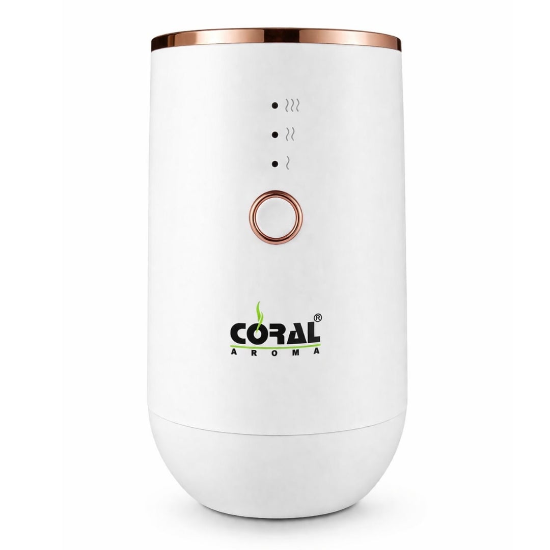 Coral Aroma Car Diffuser White – Smart Auto Sensor, Rechargeable, Adjustable Fragrance, LED Light, USB-C, Portable Air Freshener