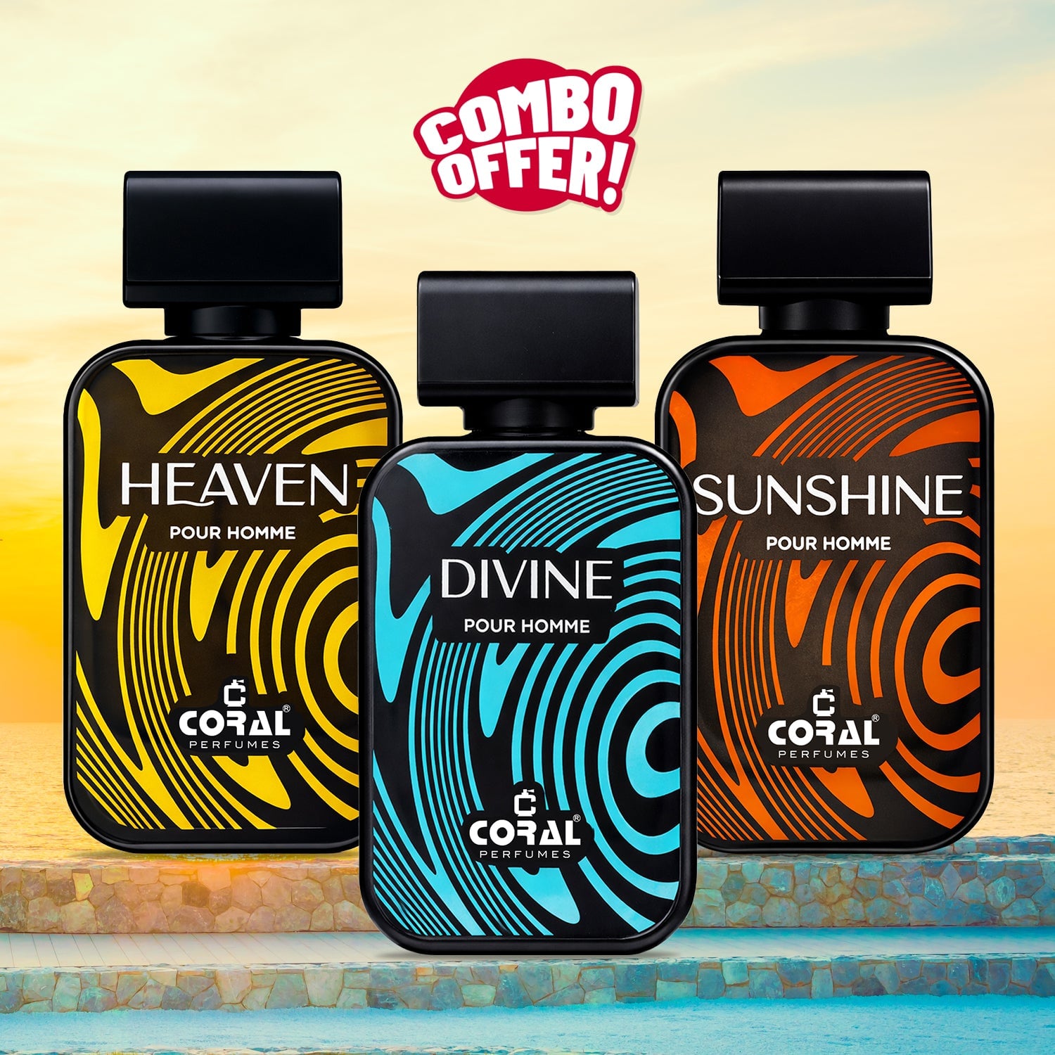 Coral Men's Signature Trio Perfume Set – Sunshine, Divine & Heaven Pour Homme EDP (100ml Each)
