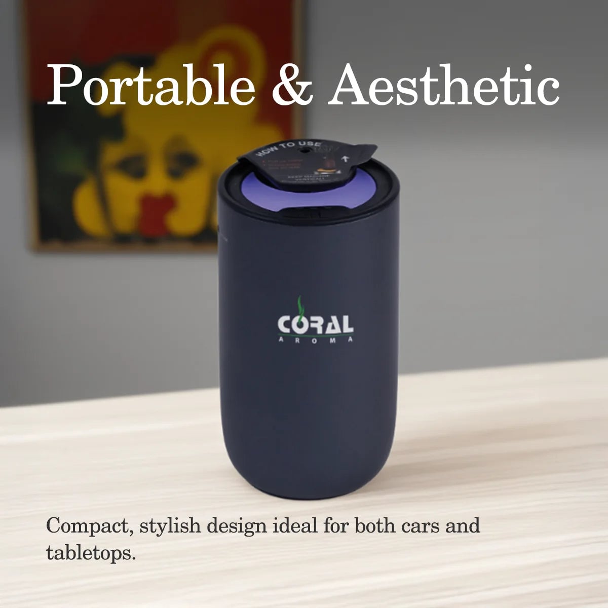 Coral Aroma Go Car Diffuser Black – Smart Auto Sensor, Rechargeable, Adjustable Fragrance, LED Light, USB-C, Portable Air Freshener